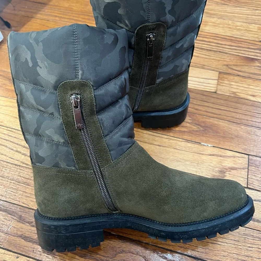 Aquatalia women‎ Lori olive green camouflage suede quilted puffer boots size 7
